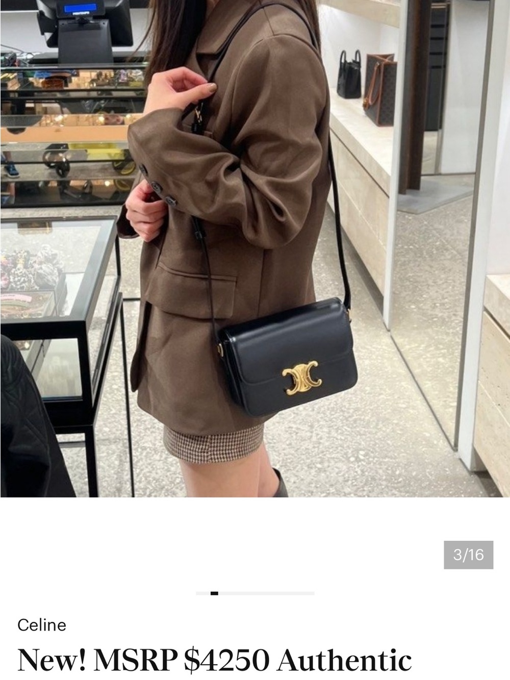 Celine Black Leather Triomphe Shoulder Crossbody with Gold Emblem - Picture 5 of 8
